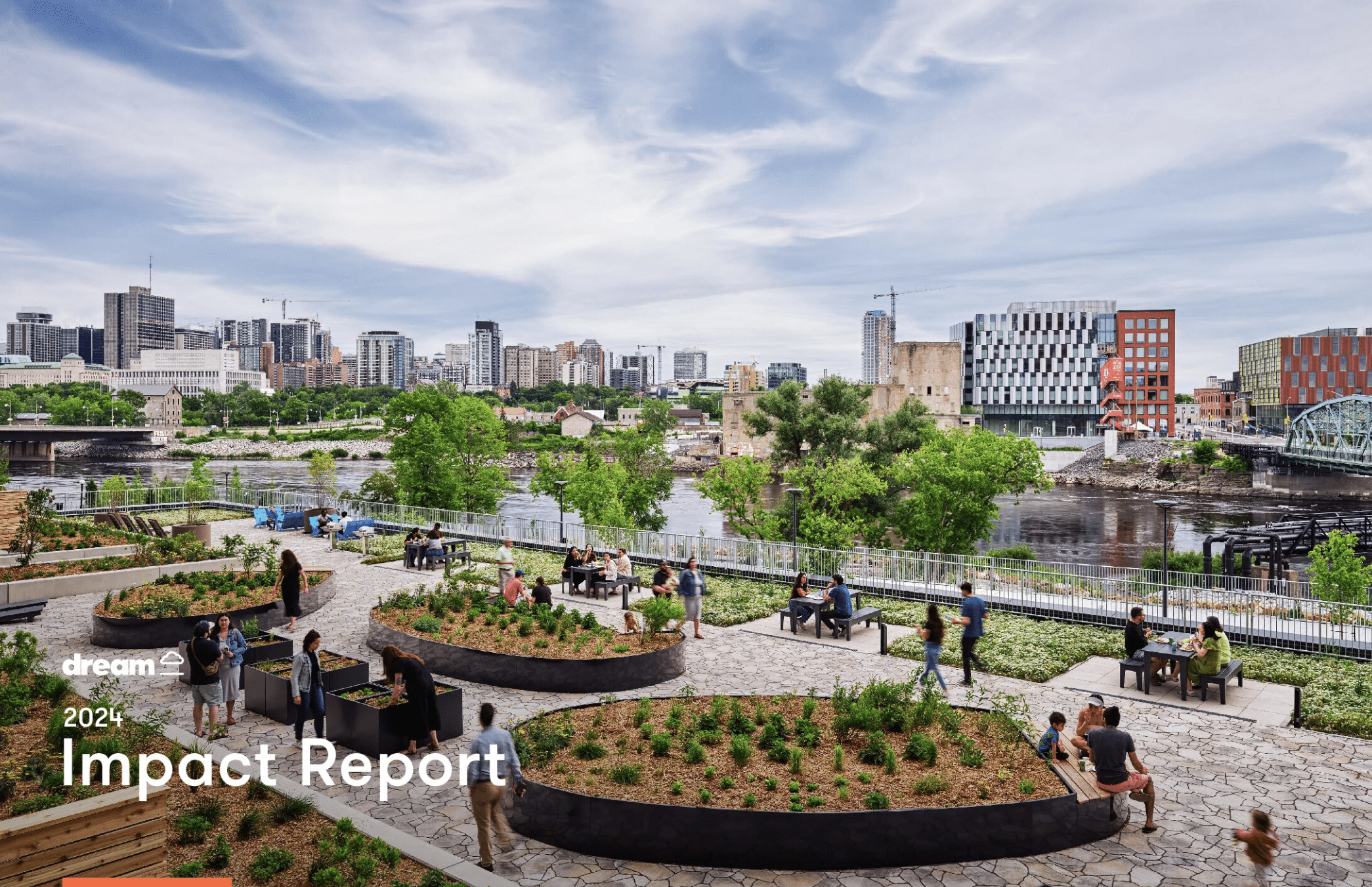 Dream 2024, Impact Report Cover, Zibi development: Urban scene with a city skyline of developed high-rises in the background; a lake creates a natural divide, with people seated at picnic tables in the foreground enjoying the outdoor setting